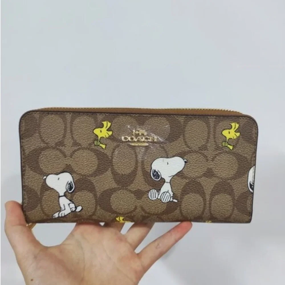 Coach Brown Signature Canvas Zip Wallet with Snoopy & Woodstock Print